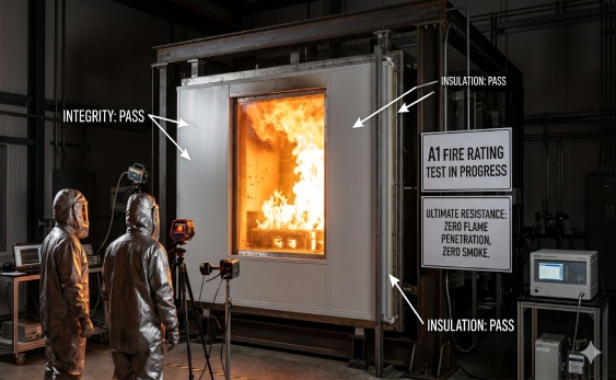 Severe fire resistance test on an MGO Rockwool cleanroom panel showing zero flame penetration