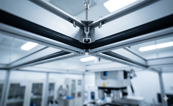 Airtight seal detail of cleanroom ceiling grid with integrated gasket for AMC control
