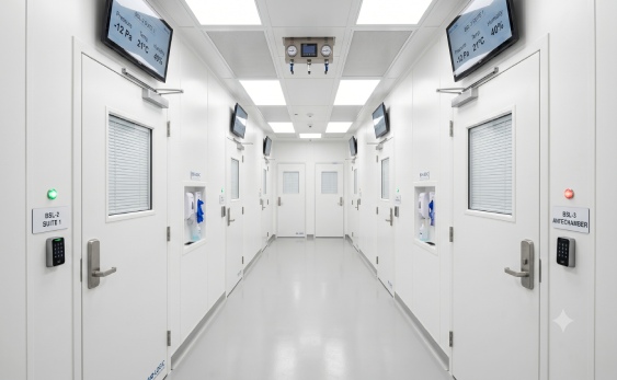 Interior look of a mobile container laboratory highlighting a rigid cleanroom partition system layout engineered to optimize hardwall vs softwall cleanrooms air balancing metrics